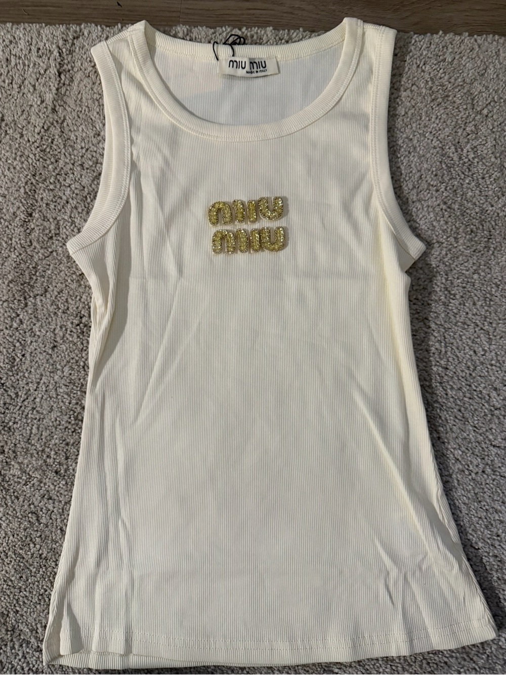 Miu Miu Cream Ribbed Tank with Gold Beaded Logo